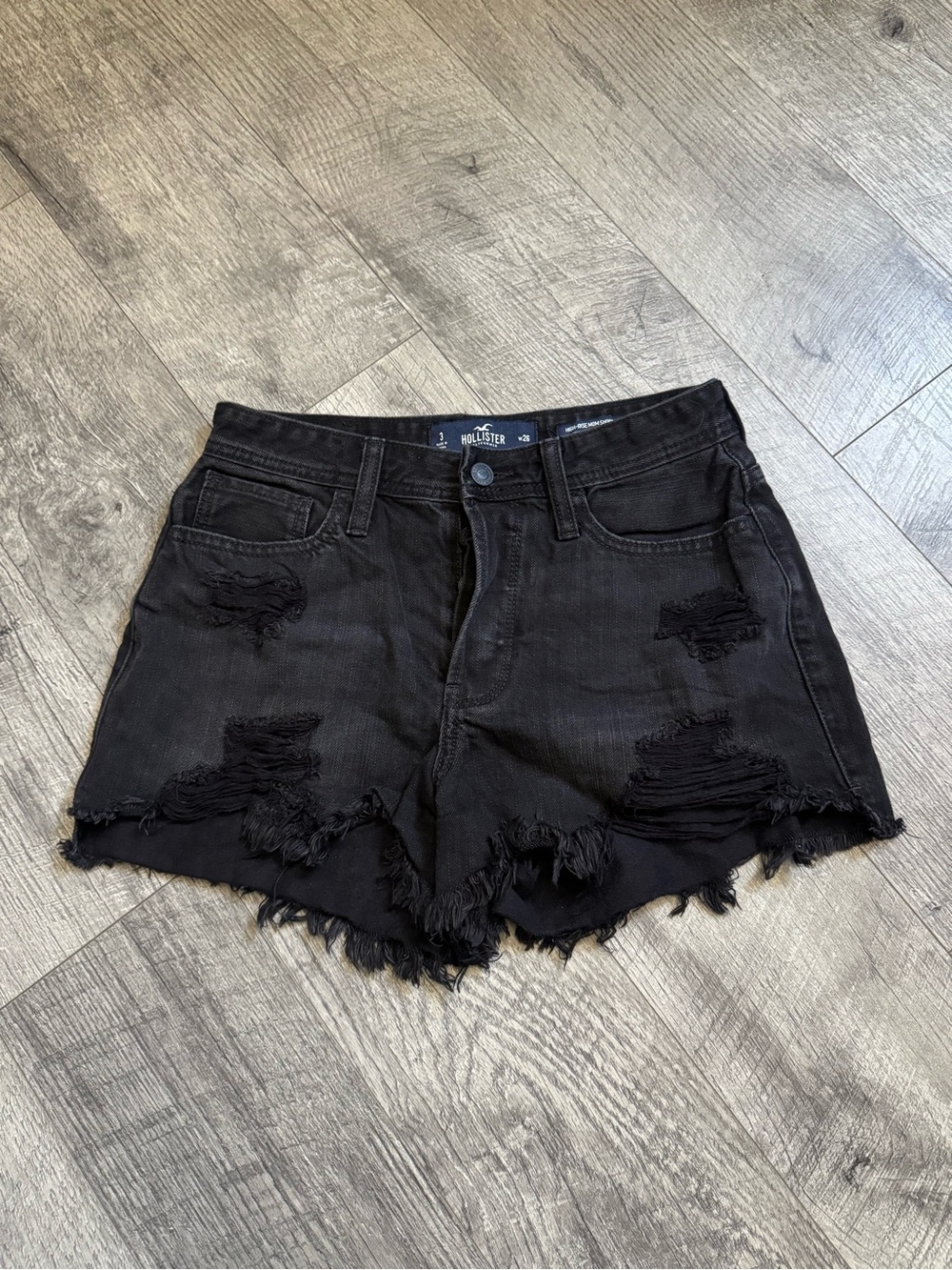 Hollister High-Rise Mom Shorts 3" Black Distressed Denim Fringe Waist 26